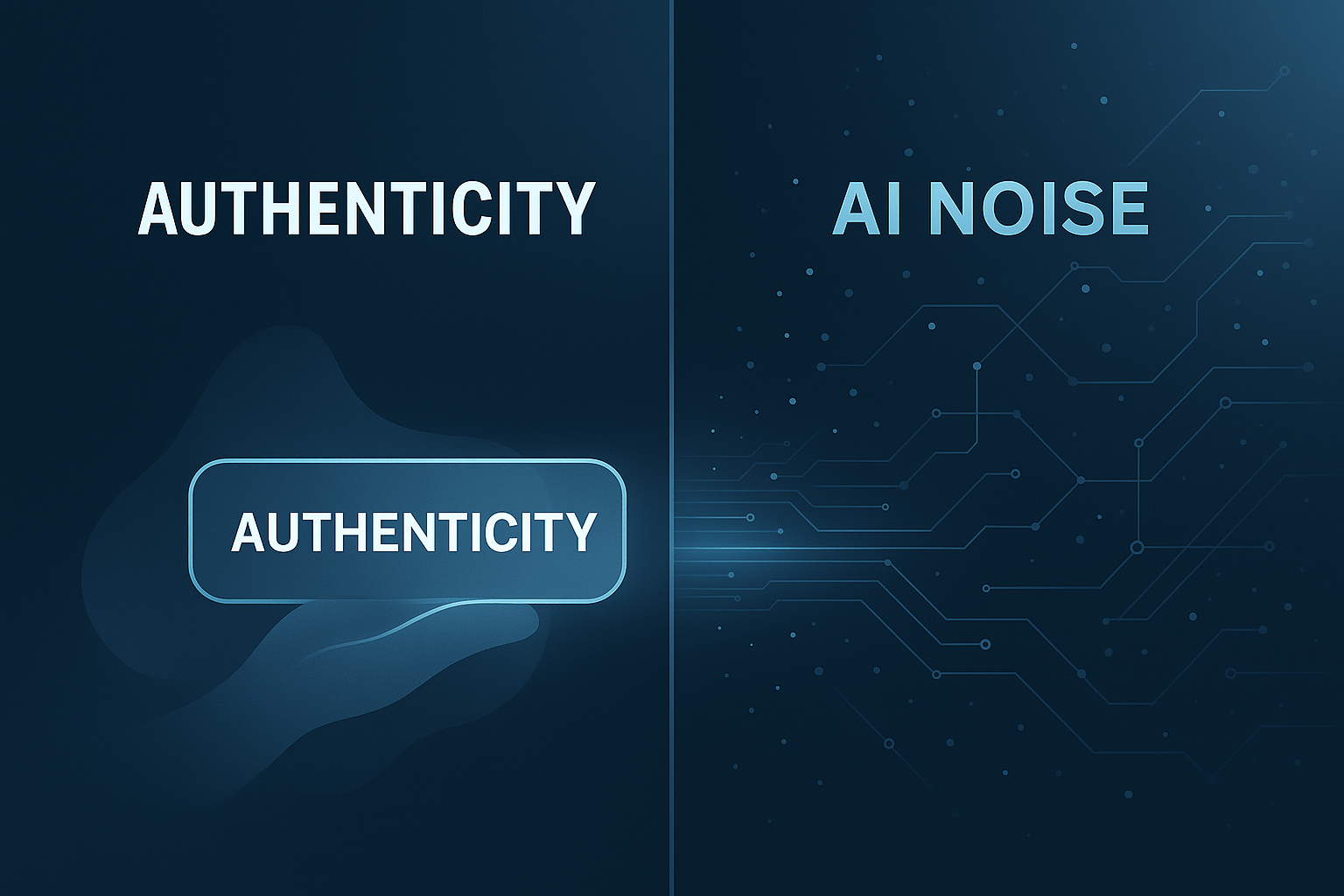 authenticity-vs-ai-noise Digital illustration comparing generic AI-generated content with authentic human communication, symbolizing the need for brand trust and originality.