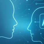 Abstract digital illustration symbolizing the balance between human creativity and artificial intelligence, representing authenticity and trust in modern marketing.