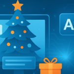 Digital illustration showing AI technology, Christmas tree, and gift box, symbolizing how artificial intelligence enhances creativity and human connection in holiday marketing campaigns.