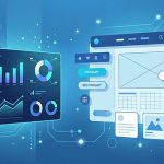 futuristic web design concepts: website interface panels, UI elements, analytics charts, and AI design tools