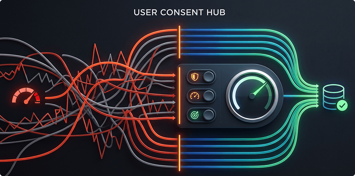 Abstract diagram of a consent management panel filtering chaotic user data into clean, trusted first-party data streams