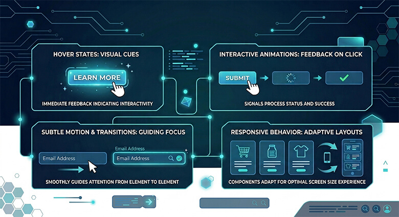 Illustration of interactive website elements and micro-interactions improving user experience.