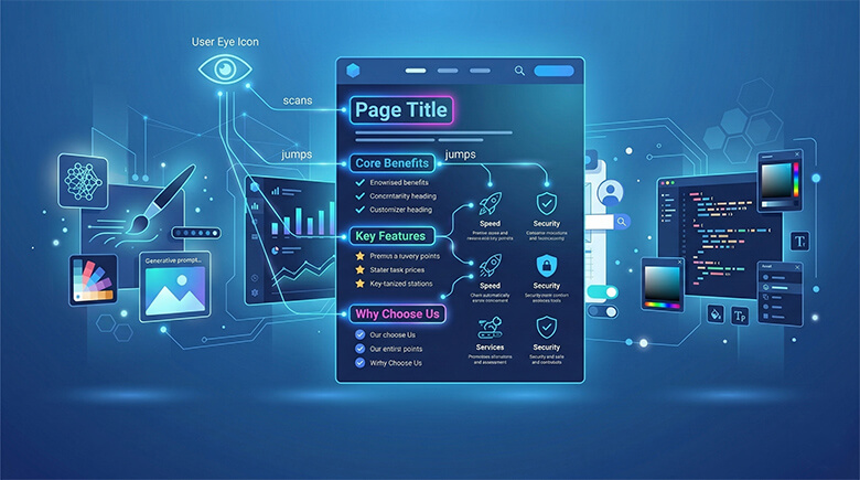 Illustration showing scan-first website design with visual hierarchy guiding user attention.