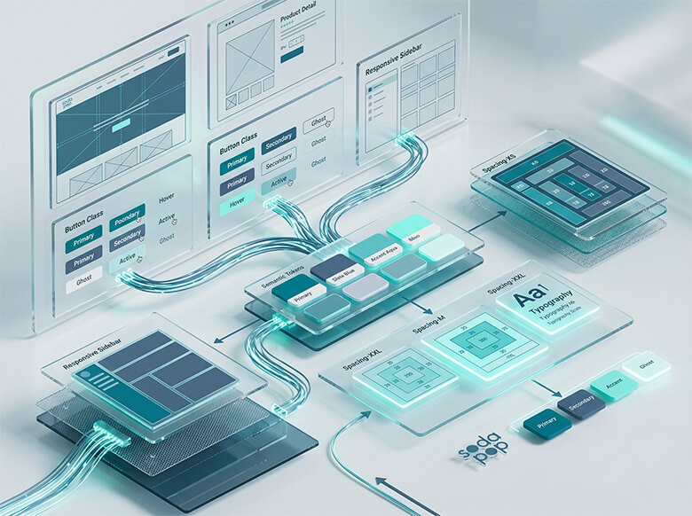 An isometric 3D abstract vector diagram illustrating lightweight design token architecture connecting button classes, responsive sidebars, and semantic spacing tokens.