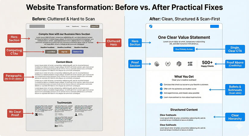 Website layout comparison illustrating cluttered design versus clean visual hierarchy and scan-friendly content structure.